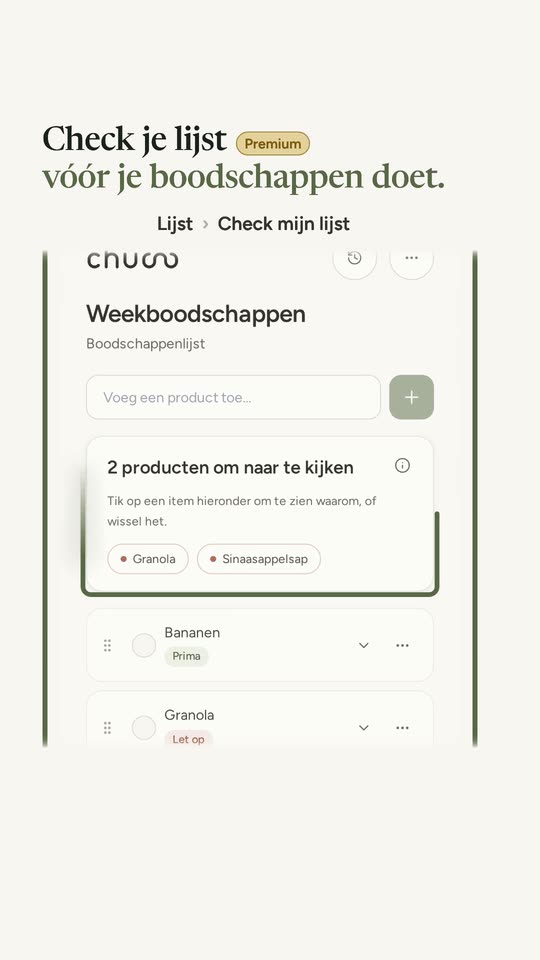 Een gecheckte boodschappenlijst, met de producten om naar te kijken.