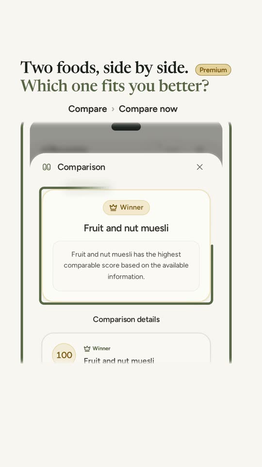 The verdict in Compare: the winning muesli with its score of 100 and the reason.