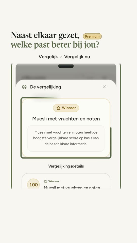 Het oordeel bij Vergelijk: de winnende muesli met een score van 100 en de reden.