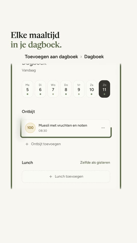 Het tabblad Dagboek met de maaltijd van vandaag omcirkeld.