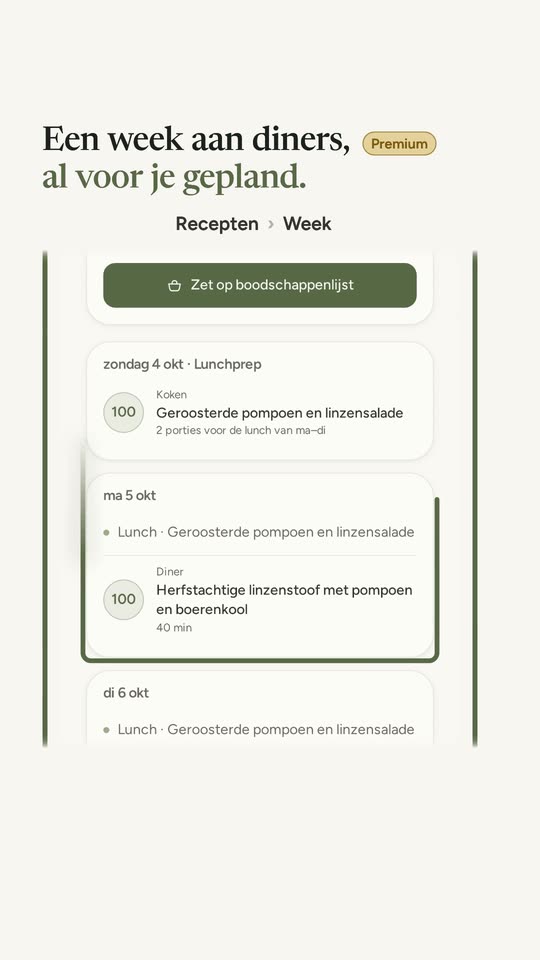 De weekplanner: de diners en een lunch voor meerdere dagen, voor de hele week gepland.