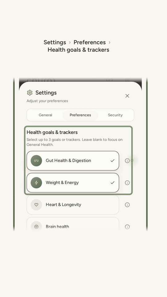 Health goals & trackers in Settings: Gut Health & Digestion and Weight & Energy are ticked, and the other goals are listed under them.