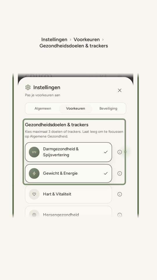 Gezondheidsdoelen & trackers in Instellingen: Darmgezondheid & Spijsvertering en Gewicht & Energie zijn aangevinkt, de andere doelen staan eronder.