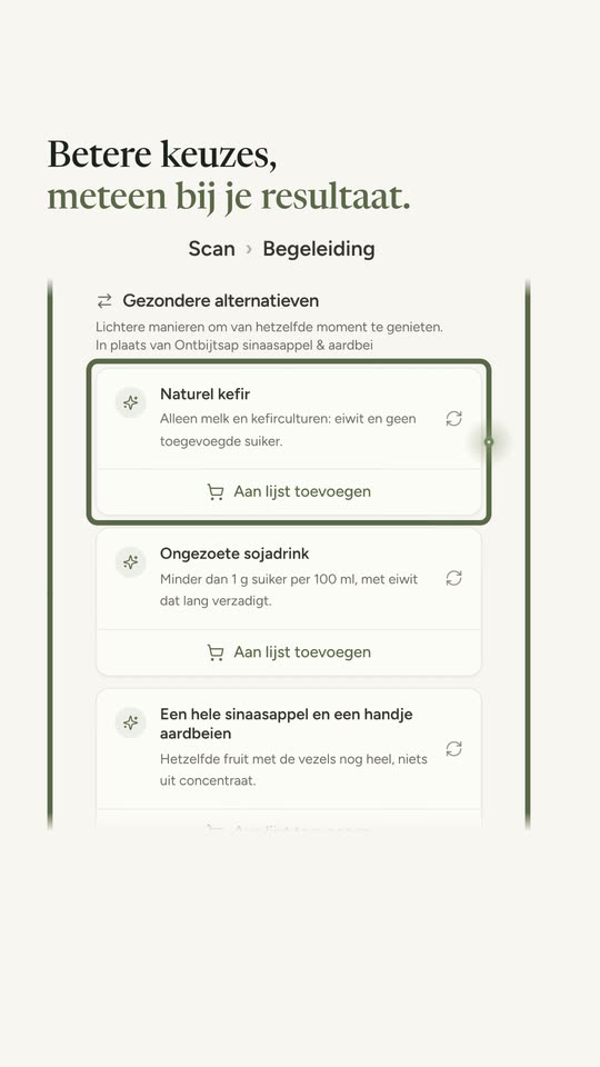 Het tabblad Begeleiding van een resultaat voor een ontbijtsap: gezondere keuzes zoals naturel kefir, elk met een korte reden.