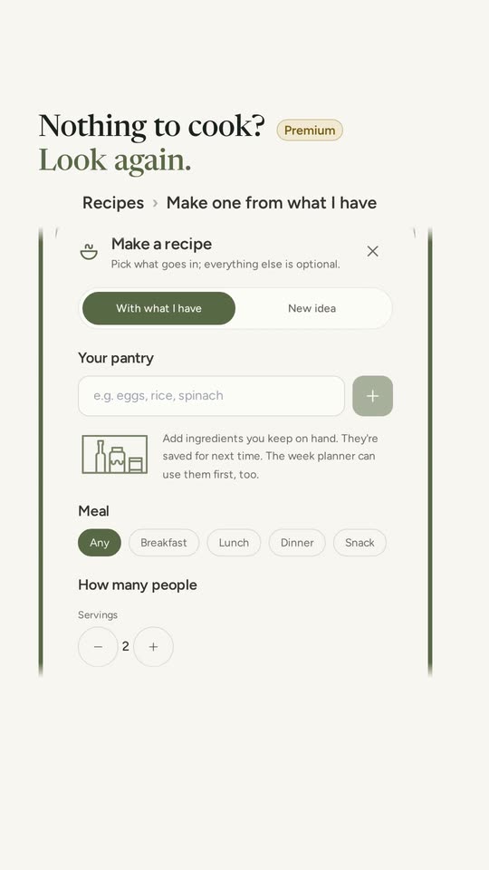 The sheet 'Make a recipe', with 'With what I have' selected and the pantry to fill in.