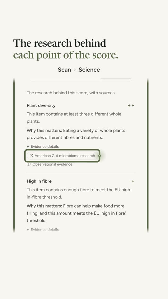 A result's Science tab: each point of the score with why it matters, how strong the evidence is and a link to its source.