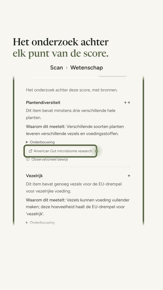Het tabblad Wetenschap van een resultaat: elk punt van de score met waarom het telt, hoe sterk het bewijs is en een link naar de bron.