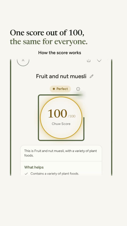 A result in the app: the score 100 in a gold ring, with the band Perfect under the product's name.