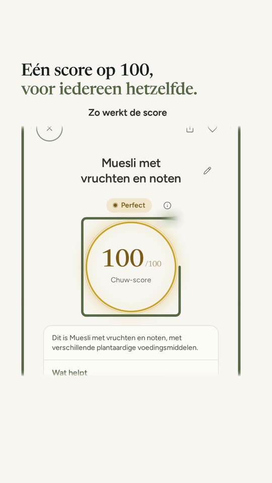 Een resultaat in de app: de score 100 in een gouden ring, met het label Perfect onder de naam van het product.